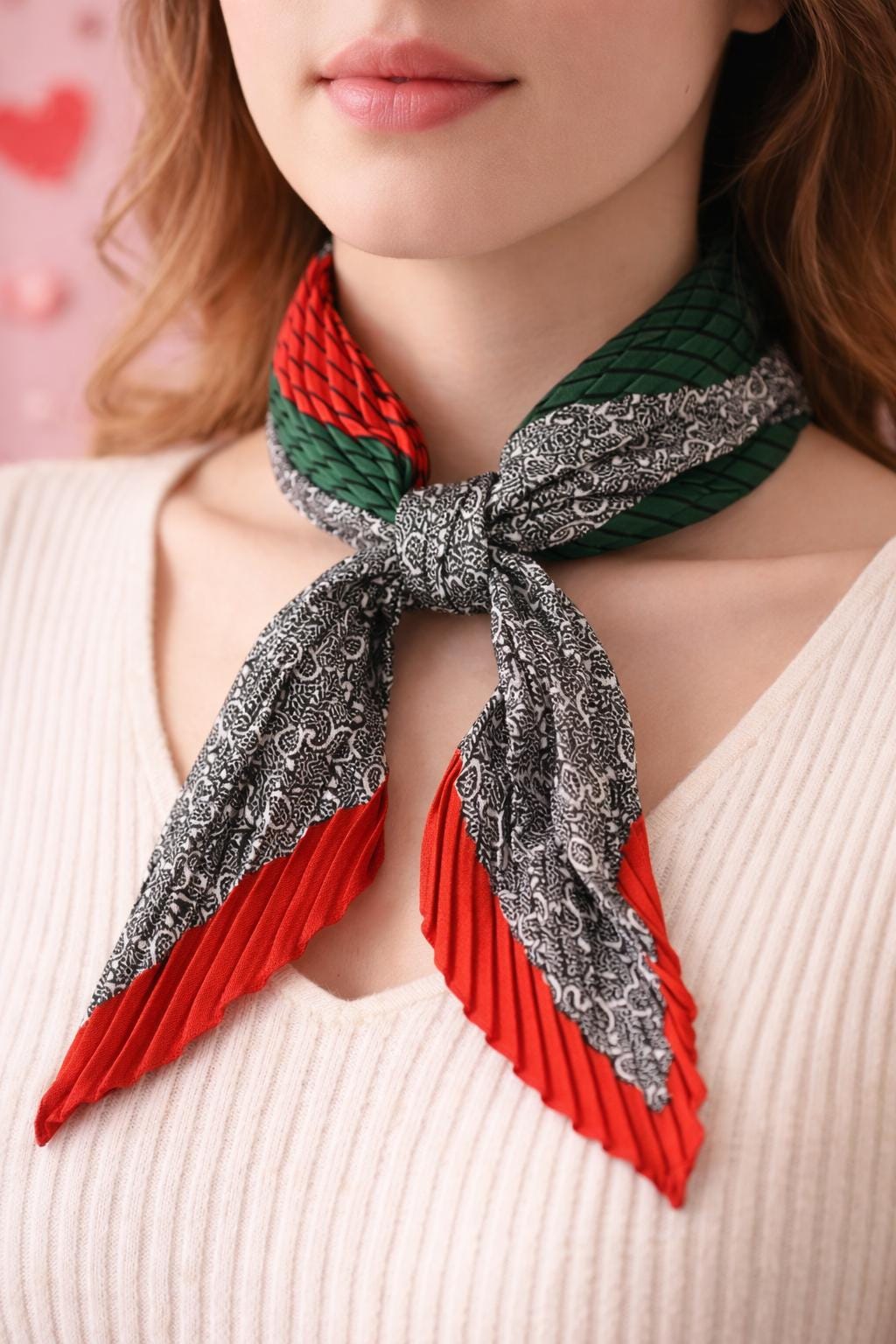 Green & Red Plisse Twill Scarf | Versatile Hair Bandana